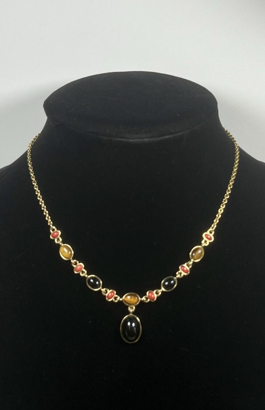 Vintage Gold Tone Black Red Amber Toned Cabs Y Drop Fall Dainty Necklace